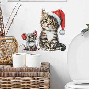 Christmas Cat And Mouse Toilet Decal PVC Waterproof Bathroom Wall Sticker Xmas Animal Home Decor Bathroom Accessory