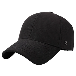 Classic black cotton baseball cap with silver metal logo and stitched brim for men
