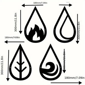Set of four teardrop-shaped wooden wall hangings featuring the four elements symbols