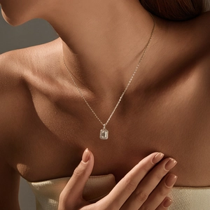 S925 sterling silver necklace with a sparkling emerald cut 1-carat moissanite pendant