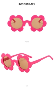 Detailed front and side views of rose red flower-shaped sunglasses with tea lenses