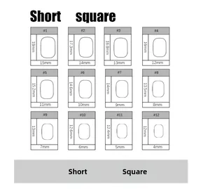 Size chart for short square press-on nails showing specific length and width measurements