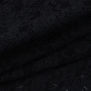 Macro shot of black floral lace fabric showing intricate mesh patterns and textures