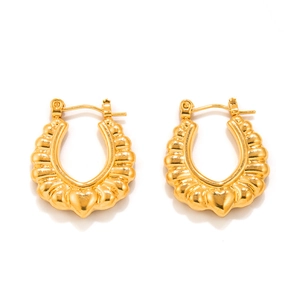 18K gold plated stainless steel U-shaped hoop earrings with ribbed texture and heart detail