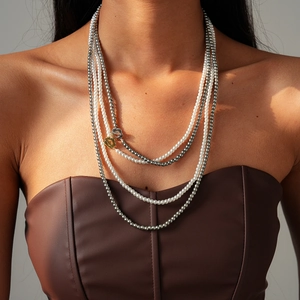 Chic layered faux pearl flower necklace with vintage OT clasp for women's sweater