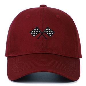 Detail of racing flag embroidery on burgundy cotton twill baseball cap with 6 panels