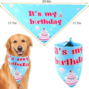Blue dog birthday bandana with It's my birthday text and cake print, 25.6 inch size