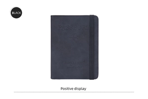 Detail of dark grey RFID passport holder with elastic strap and matte texture finish