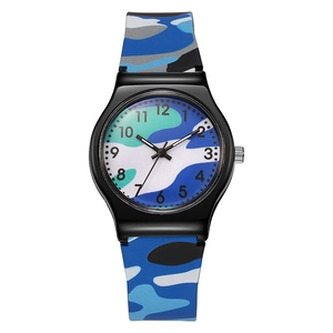 Kids quartz watch with blue camouflage silicone strap and easy-to-read numeric dial