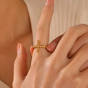 Minimalistischer verstellbarer goldener Kreuzring mit Perlenstruktur für Damen im Hip-Hop-Stil