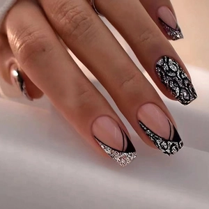 French Black Tip Press On Nails Glitter Leopard Coffin False Nails Sweet Cool Style For Women ABS