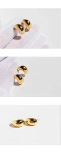 Detailed view of glossy gold teardrop stud earrings from multiple professional angles