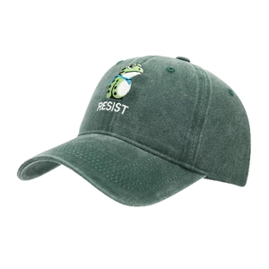 Washed dark green cotton baseball cap with embroidered frog and Resist text logo