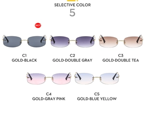 Detailed view of five frameless retro sunglasses in assorted gradient lens colors