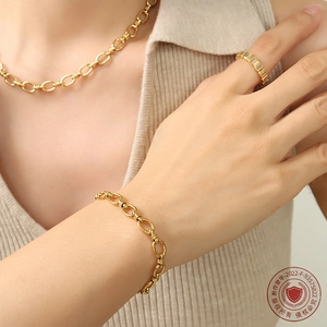 18K gold plated titanium chain necklace and bracelet set with sparkling diamond ring