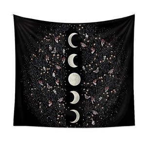 Detail of moon phase wall tapestry with botanical flowers and butterfly accents