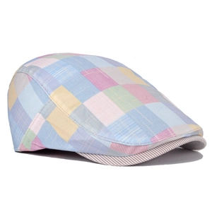 Colorful plaid ivy cap for men and women with light blue and pink pastel patterns
