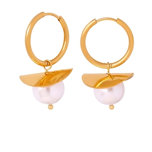 Titanium Steel Hoop Earrings With Faux Artificial Pearl Pendant 18K Gold Plated Retro Minimalist Elegant Jewelry Women