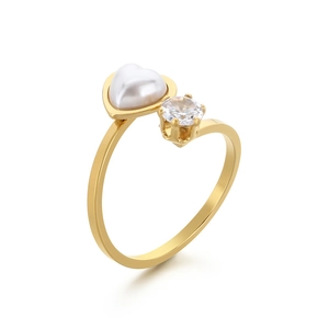 18K gold-plated stainless steel open ring with heart pearl and round zircon stone