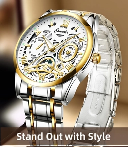 Macro side view showing the thickness of Comuder skeleton watch and stainless steel band