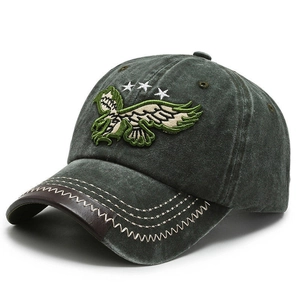 Vintage washed dark grey baseball cap with eagle embroidery and leather brim accent