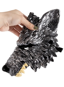 Detail view of 3D realistic silver wolf mask with textured fur and yellow fangs