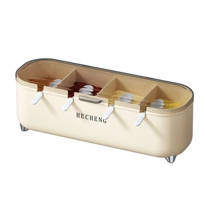 Modern cream white 4-compartment seasoning box with transparent lid and four spoons