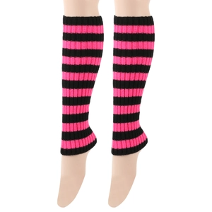 Detailed knit texture of pink and black striped leg warmers on a mannequin leg