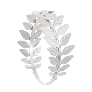 Detailed close-up of double-row laurel leaf patterns on a silver adjustable open cuff bracelet