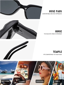 Détails des plaquettes et charnières de lunettes carrées avec scènes d'usage quotidien