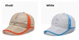 Detailed comparison of khaki and white mesh baseball caps with soft rubber logo and piping