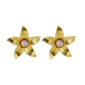 Minimalist gold flower stud earrings with central crystal for women in stainless steel