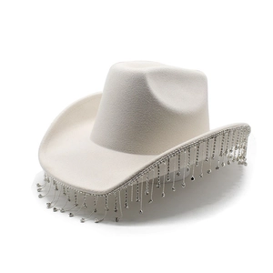 White felt cowboy hat with sparkling silver rhinestone fringe trim for party wear