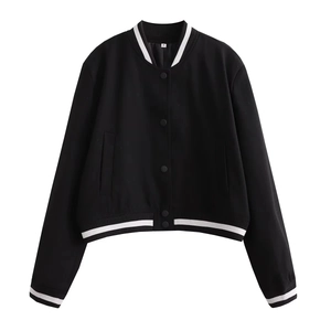 Veste de baseball courte noire avec col et poignets côtelés à rayures blanches, taille S