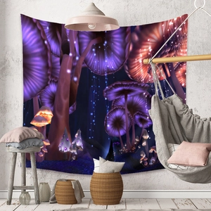 Detail of bohemian mushroom tapestry hanging in a cozy living room with decor