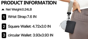 Detailed size dimensions and weight specs for the wristlet wallet set with nylon pouches