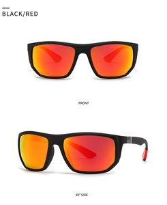 Front and side view of matte black polarized sports sunglasses with red mirrored lenses