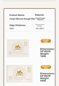 Size chart for food grade silicone baking mat showing dimensions and thickness details
