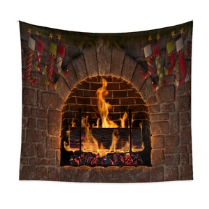 Detailed view of Christmas tapestry fabric showing warm fireplace print and hanging socks