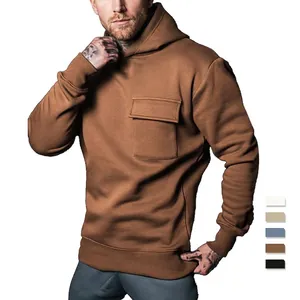 Brown hooded sweatshirt for men with a large front flap pocket and ribbed cuffs