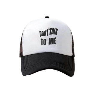 Unisex black and white trucker hat with Don't Talk To Me bold text and mesh back