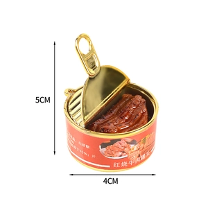 Miniature braised beef canned food model with half-open golden lid and red label, 5cm height