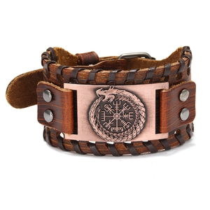 Vintage brown leather bracelet with copper dragon compass plaque and buckle closure