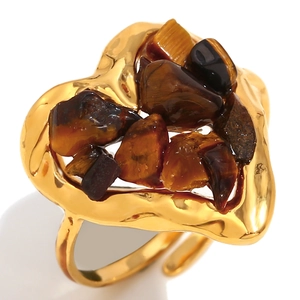 18K gold plated stainless steel heart open ring featuring natural tiger eye stone inlay