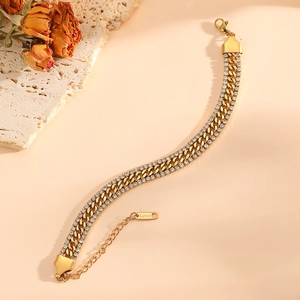 18K gold plated stainless steel Cuban link bracelet with double row square diamonds