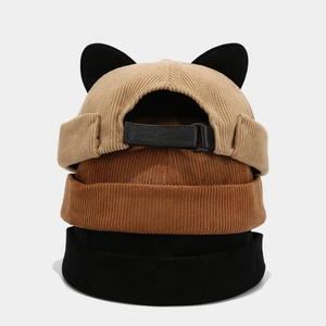 Corduroy docker cap with cute cat ears in beige, brown, and black stylish colors