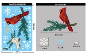 Detailed size specifications for Christmas window stickers with red bird and snowflake