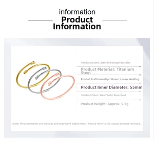 Detailed specifications for gold, silver and rose gold steel cable bracelets
