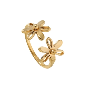 Golden double flower stainless steel open ring with hollow petal daisy design for women