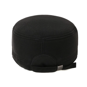 Winter thermal flat top cadet hat in black with adjustable metal buckle back view